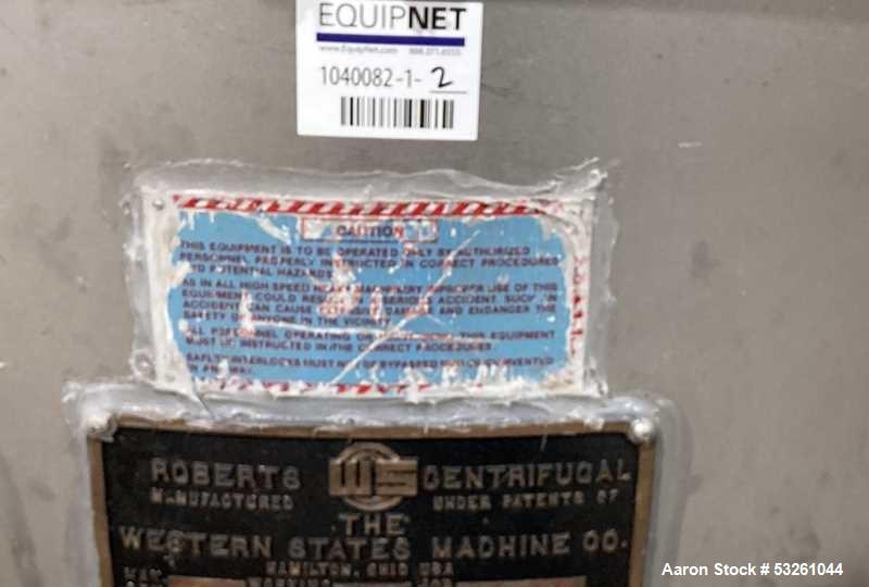 Used Roberts-Western States G-16 Basket Centrifuge for Sugar Alcohol & Crystal Processing