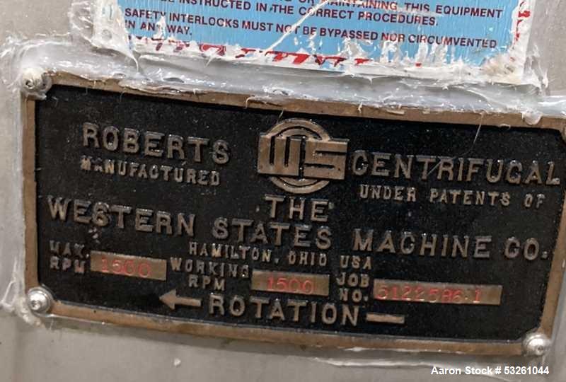 Used Roberts-Western States G-16 Basket Centrifuge for Sugar Alcohol & Crystal Processing