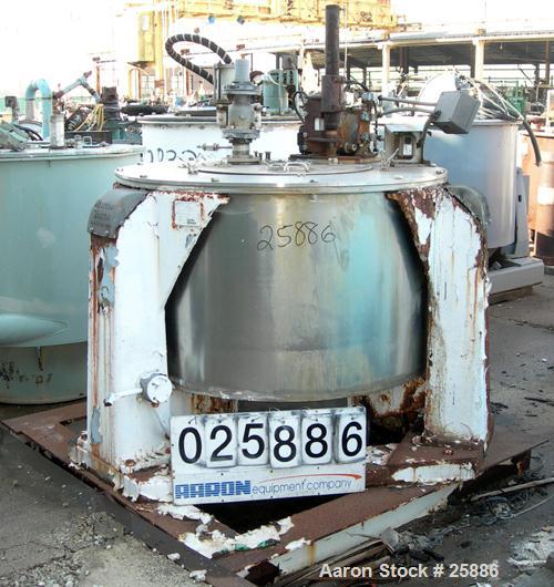 USED: Western States 48" x 24" perforate basket centrifuge, 316 stainless steel.Max bowl speed 1150 rpm, tripod mounted, bottom dump, bottom drive, pneumatic double motion plow with 5 hp reversing mo...