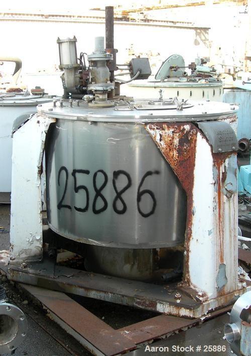 USED: Western States 48" x 24" perforate basket centrifuge, 316 stainless steel.Max bowl speed 1150 rpm, tripod mounted, bottom dump, bottom drive, pneumatic double motion plow with 5 hp reversing mo...