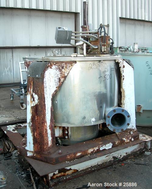 USED: Western States 48" x 24" perforate basket centrifuge, 316 stainless steel.Max bowl speed 1150 rpm, tripod mounted, bottom dump, bottom drive, pneumatic double motion plow with 5 hp reversing mo...