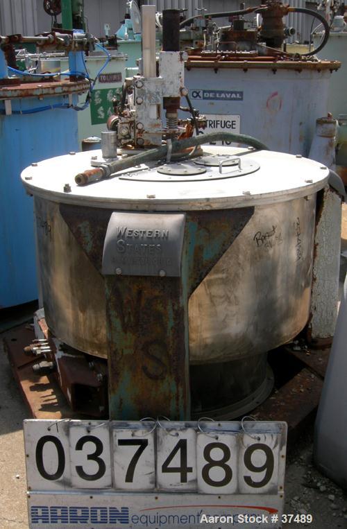 USED: Western States 36 x 15 perforate basket centrifuge, 316 stainless steel. Tripod mounted, bottom dump, bottom drive, pneumatic double motion plow with reversing motor.