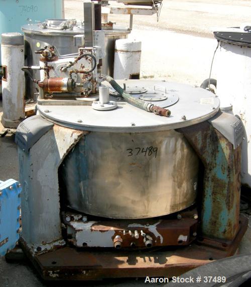 USED: Western States 36 x 15 perforate basket centrifuge, 316 stainless steel. Tripod mounted, bottom dump, bottom drive, pneumatic double motion plow with reversing motor.