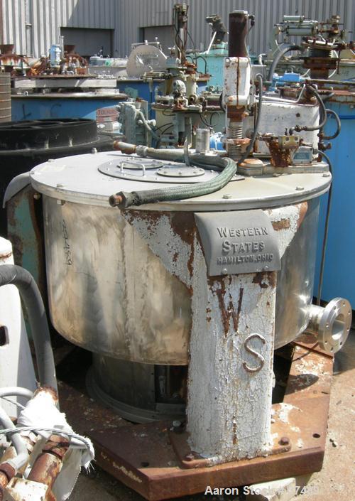 USED: Western States 36 x 15 perforate basket centrifuge, 316 stainless steel. Tripod mounted, bottom dump, bottom drive, pneumatic double motion plow with reversing motor.