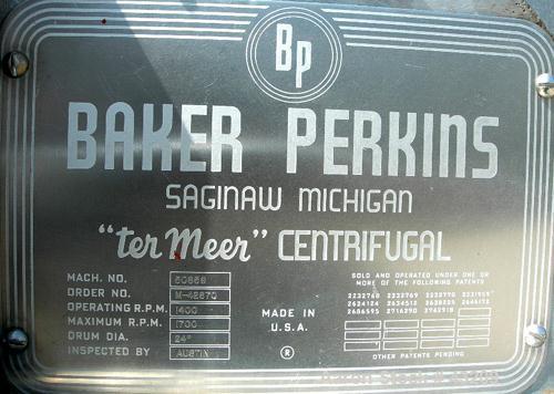 USED: Baker Perkins model HS-24W Termeer centrifuge, 317 stainless steel. 24" x 12" wide. 20 hp, 3/60/220-440 volt, 1750 rpm...