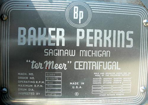 USED: Baker Perkins model HS-24W Termeer centrifuge, 317 stainless steel. 24" x 12" wide. 20 hp, 3/60/220-440 volt, 1750 rpm motor. Bowl speed 1400 rpm, max 1700 rpm.