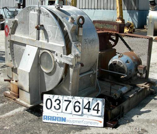 USED: Baker Perkins peeler centrifuge, model HS-36. 304 stainless steel product contact areas. 36" diameter x 12-3/4" deep perforated bowl, max speed 1300 rpm. Approximately 4.15 cubic foot capacity....