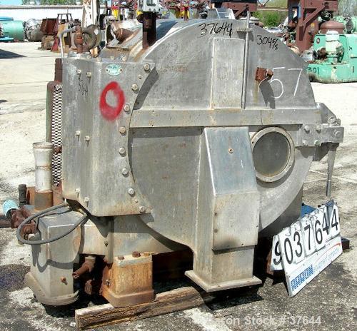 USED: Baker Perkins peeler centrifuge, model HS-36. 304 stainless steel product contact areas. 36" diameter x 12-3/4" deep perforated bowl, max speed 1300 rpm. Approximately 4.15 cubic foot capacity....
