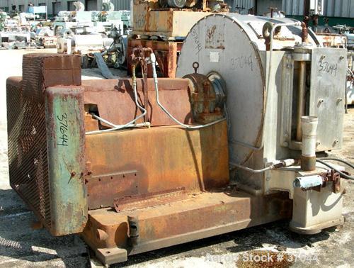 USED: Baker Perkins peeler centrifuge, model HS-36. 304 stainless steel product contact areas. 36" diameter x 12-3/4" deep perforated bowl, max speed 1300 rpm. Approximately 4.15 cubic foot capacity....