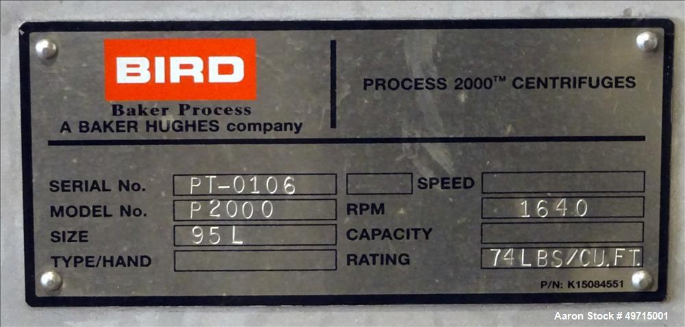Used Andritz Bird P2000 95 liter Vertical Peeler Centrifuge