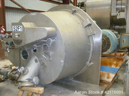 Used Robatel EHBL1323DRG Peeler Centrifuge, 316 stainless steel construction (product contact areas). Max bowl speed 1190 rpm, bowl dimensions 52" x 28", 15.5 cubic foot solid holding capacity, maxim...
