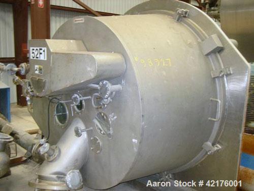 Used Robatel EHBL1323DRG Peeler Centrifuge, 316 stainless steel construction (product contact areas). Max bowl speed 1190 rpm, bowl dimensions 52" x 28", 15.5 cubic foot solid holding capacity, maxim...