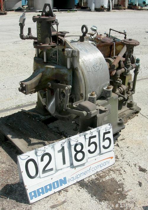USED: Sharples C-20 Super-D-Hydrator centrifuge, 316 stainless steel. Max bowl speed 1800 rpm. Includes rinse pipe, pneumatic plow, distributor, base, casing, spindle assembly. Requires feed, approxi...