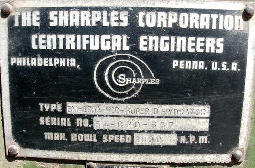 USED: Sharples C-20 Super-D-Hydrator centrifuge, 316 stainless steel. Max bowl speed 1800 rpm. Includes rinse pipe, pneumatic plow, distributor, base, casing, spindle assembly. Requires feed, approxi...