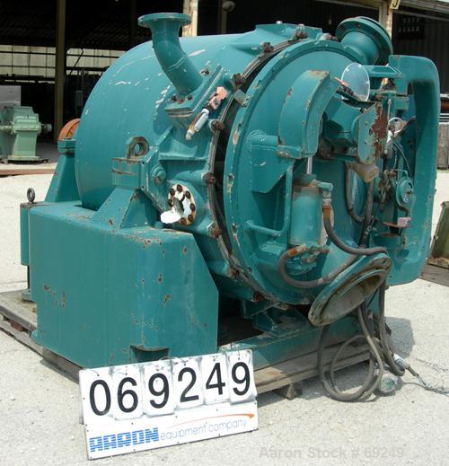 USED: Sharples model C41 Super-D-Hydrator peeler centrifuge, Monel    400 construction on product contact areas. Perforated bowl, max speed 1260 rpm. Includes rinse pipe, hydraulic distributor rake a...