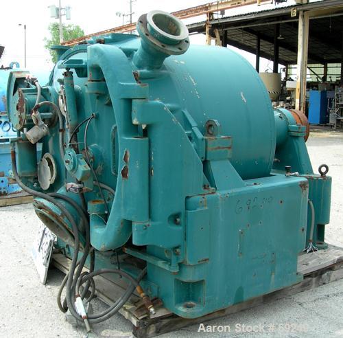 USED: Sharples model C41 Super-D-Hydrator peeler centrifuge, Monel    400 construction on product contact areas. Perforated bowl, max speed 1260 rpm. Includes rinse pipe, hydraulic distributor rake a...
