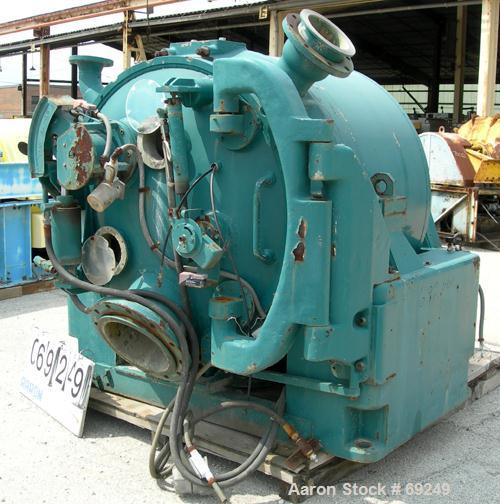 USED: Sharples model C41 Super-D-Hydrator peeler centrifuge, Monel    400 construction on product contact areas. Perforated bowl, max speed 1260 rpm. Includes rinse pipe, hydraulic distributor rake a...