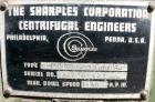 USED: Sharples C-20 Super-D-Hydrator centrifuge, 316 stainless steel. Max bowl speed 1800 rpm. Includes rinse pipe, pneumatic plow, distributor, base, casing, spindle assembly. Requires feed, approxi...