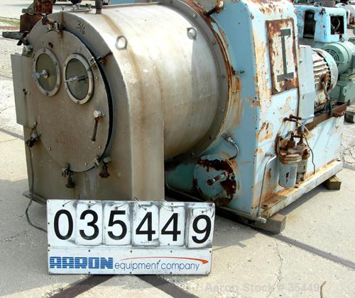 USED: Alfa Laval SB-600 pusher centrifuge, 316 stainless steel product contact areas. 1600 rpm, single stage. 30 hp, 3/60/230/460 volt, 1770 rpm drive motor, requires an approx 25 hp hydraulic pusher...