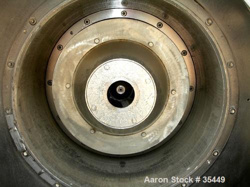 USED: Alfa Laval SB-600 pusher centrifuge, 316 stainless steel product contact areas. 1600 rpm, single stage. 30 hp, 3/60/230/460 volt, 1770 rpm drive motor, requires an approx 25 hp hydraulic pusher...