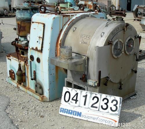 USED: Alfa Laval SB-600 pusher centrifuge, 316 stainless steel product contact areas, 1650 rpm, single stage. 30 hp, 3/60/575 volt, 1775 rpm drive motor; 25 hp, 3/60/575 volt, 3535 rpm hydraulic push...