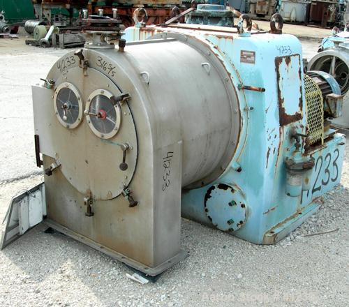 USED: Alfa Laval SB-600 pusher centrifuge, 316 stainless steel product contact areas, 1650 rpm, single stage. 30 hp, 3/60/575 volt, 1775 rpm drive motor; 25 hp, 3/60/575 volt, 3535 rpm hydraulic push...