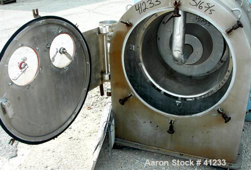 USED: Alfa Laval SB-600 pusher centrifuge, 316 stainless steel product contact areas, 1650 rpm, single stage. 30 hp, 3/60/575 volt, 1775 rpm drive motor; 25 hp, 3/60/575 volt, 3535 rpm hydraulic push...