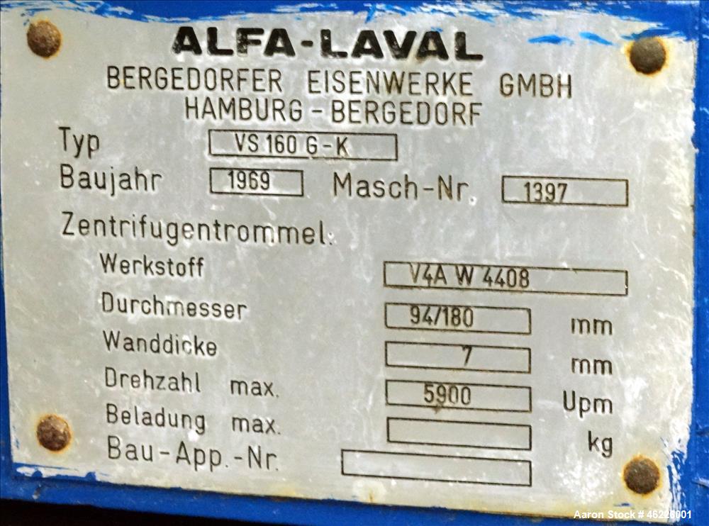 Used Alfa Laval VS-160 G-K Pusher Centrifuge, 316 stainless steel.