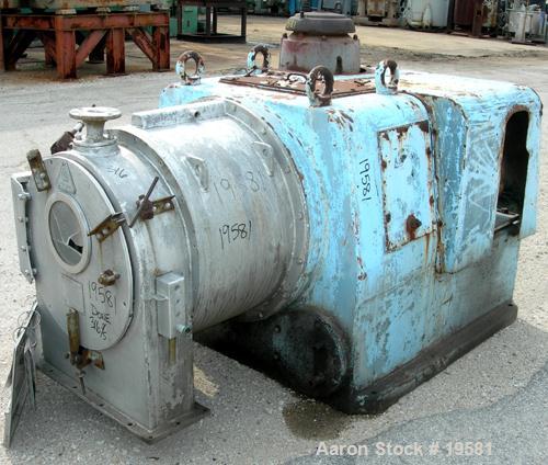 USED: Krupp-Dolberb SB-400 pusher centrifuge, 316 stainless steel product contact areas. 2000 rpm, single stage. 15 hp, 3/60/550 volt, 1800 rpm drive motor; 15 hp, 3/60/550 volt hydraulic pusher moto...