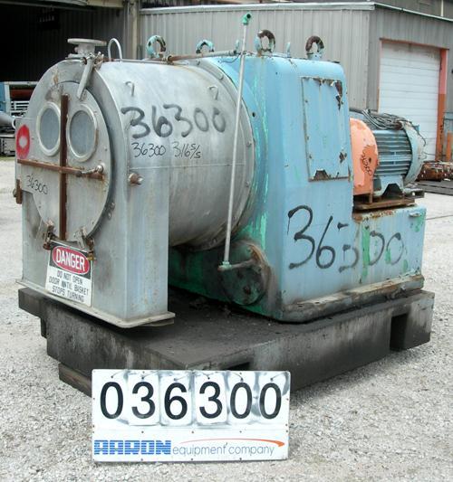 USED: Krupp-Dolberb SB-600 pusher centrifuge, 316 stainless steel product contact areas. 1250 rpm, single stage. 30 hp, 3/60/208-220/440 volt, 1770 rpm drive motor; 25 hp, 3/60/230/460 volt, 3530 rpm...
