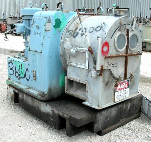 USED: Krupp-Dolberb SB-600 pusher centrifuge, 316 stainless steel product contact areas. 1250 rpm, single stage. 30 hp, 3/60/208-220/440 volt, 1770 rpm drive motor; 25 hp, 3/60/230/460 volt, 3530 rpm...
