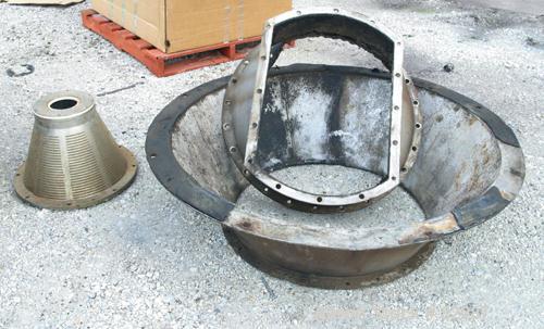 USED: Dorr Oliver/Mercone C-400 Screening Centrifuge. 316 stainless steel construction on product contact areas, 2400 rpm bowl speed, helix scroll for solids discharge, feed pipe, base, casing. Drive...