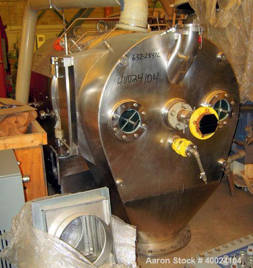 Used: Heinkel model HF800.1 inverting filter centrifuge. Wetted parts Hastelloy C22. 800 mm bowl, max bowl speed 1600 rpm. Approximate drum capacity 149 kg/119 L. Driven by a 60 hp,3/10-60/460 volt, ...
