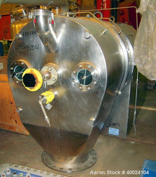 Used: Heinkel model HF800.1 inverting filter centrifuge. Wetted parts Hastelloy C22. 800 mm bowl, max bowl speed 1600 rpm. Approximate drum capacity 149 kg/119 L. Driven by a 60 hp,3/10-60/460 volt, ...