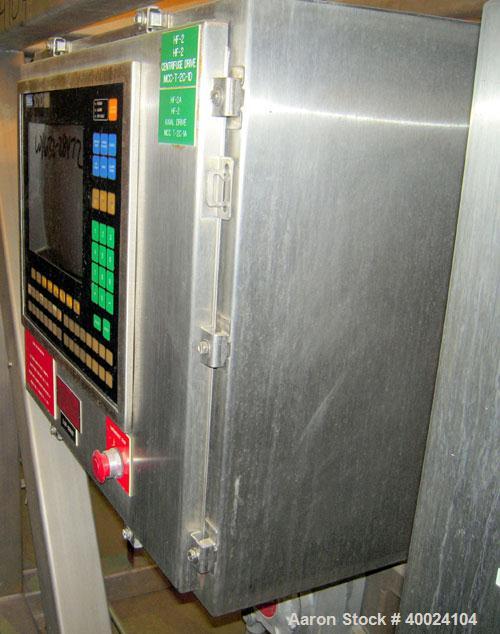 Used: Heinkel model HF800.1 inverting filter centrifuge. Wetted parts Hastelloy C22. 800 mm bowl, max bowl speed 1600 rpm. Approximate drum capacity 149 kg/119 L. Driven by a 60 hp,3/10-60/460 volt, ...