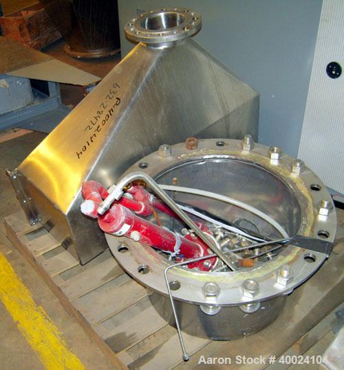 Used: Heinkel model HF800.1 inverting filter centrifuge. Wetted parts Hastelloy C22. 800 mm bowl, max bowl speed 1600 rpm. Approximate drum capacity 149 kg/119 L. Driven by a 60 hp,3/10-60/460 volt, ...