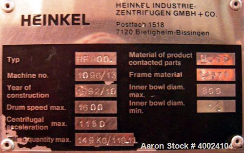 Used: Heinkel model HF800.1 inverting filter centrifuge. Wetted parts Hastelloy C22. 800 mm bowl, max bowl speed 1600 rpm. Approximate drum capacity 149 kg/119 L. Driven by a 60 hp,3/10-60/460 volt, ...