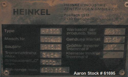 Used- Stainless Steel Heinkel Inverting Filter Centrifuge, Model HF-300