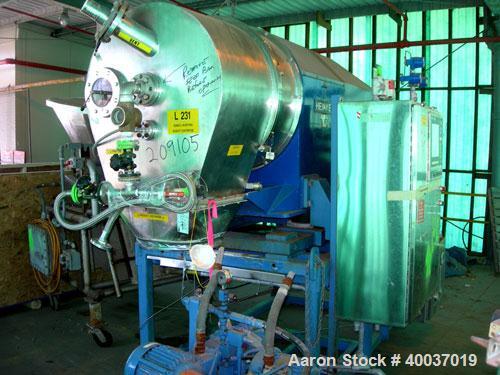 Used: Heinkel model HF600 inverting filter centrifuge. Wetted parts 316 stainless steel. 600 mm bowl, max bowl speed 1936 rpm. Approximate drum capacity 65 kg/52 L. Driven by an approximate 40 hp mot...