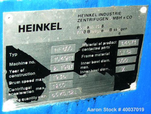Used: Heinkel model HF600 inverting filter centrifuge. Wetted parts 316 stainless steel. 600 mm bowl, max bowl speed 1936 rpm. Approximate drum capacity 65 kg/52 L. Driven by an approximate 40 hp mot...