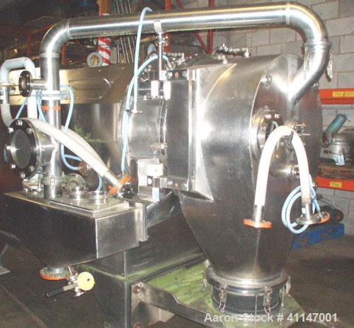 Used Heinkel Inverting Centrifuge, Model HF600. 316 stainless steel, pharmaceutical grade finish. Max bowl speed 1936 rpm. Driven by a 40 hp, 3/60/460 volt, 1765 rpm XP motor. Bowl dimensions are 23....