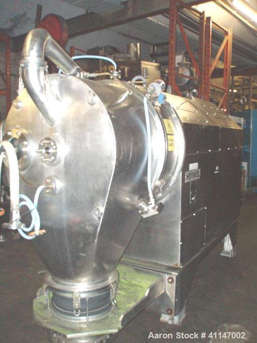 Used Heinkel Inverting Centrifuge, Model HF600. 316 stainless steel, pharmaceutical grade finish. Max bowl speed 1936 rpm. Driven by a 40 hp, 3/60/460 volt, 1765 rpm XP motor. Bowl dimensions are 23....