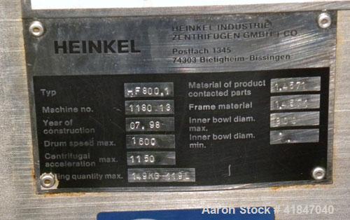 Used Stainless Steel Heinkel HF-800.1 Inverting Filter Centrifuge