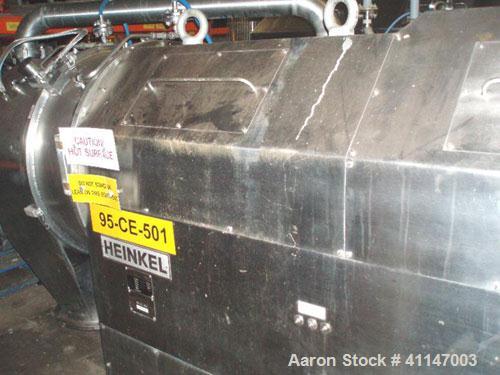 Used Heinkel HF800 Inverting Filter Centrifuge. 316Ti (1.4571) stainless steel construction. Max bowl speed 1600 rpm. 1138 x "G" force. Bowl dimensions: 31.4" (800 mm) diameter x 13.4" (340 mm) deep....