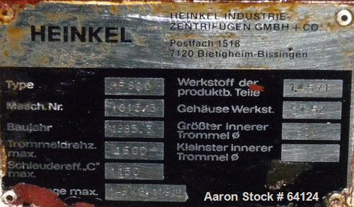 Used- Stainless Steel Heinkel Inverting Filter Centrifuge, Model HF-800