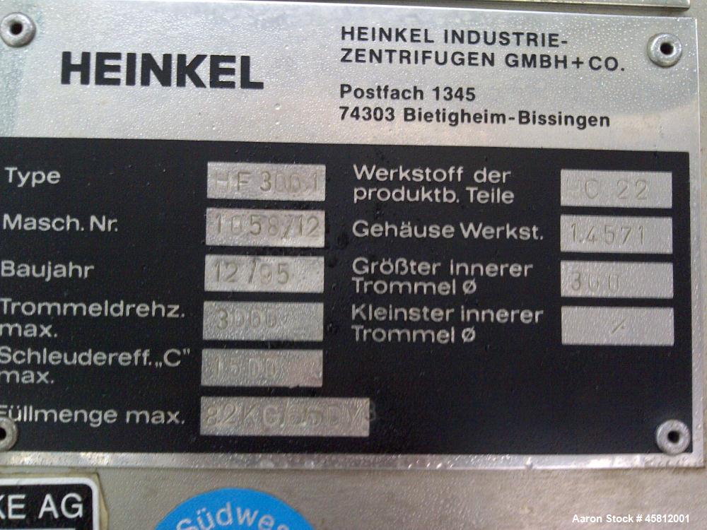 Used- Heinkel HF-300.1 Inverting Filter Centrifuge