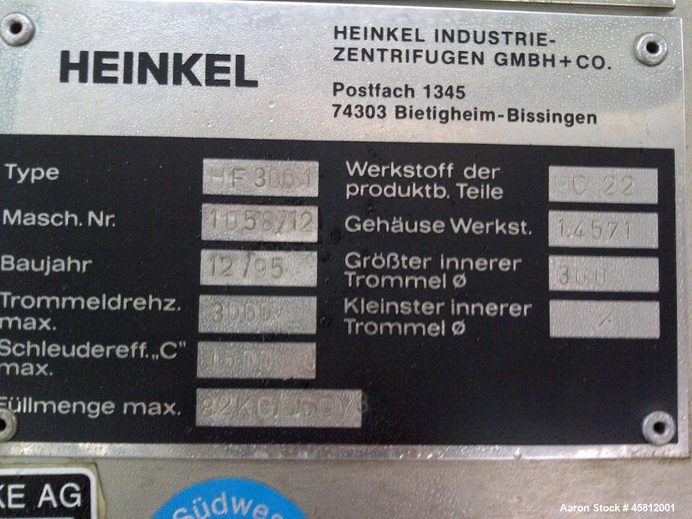 Used Heinkel HF-300.1 Inverting Filter Centrifuge