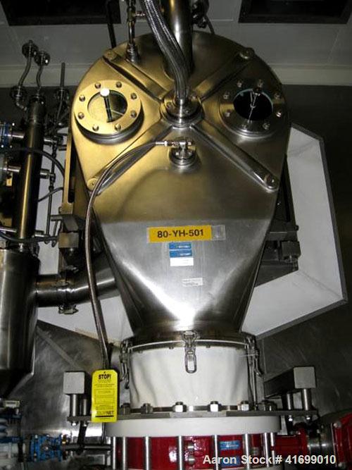 Used Heinkel Centrifuge, Model HF600-1, Hastelloy C22 (product contact sufaces). Rated 571/65 KG load. Includes drum lifting system and control panels. Built 2002.