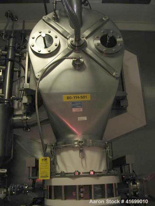 Used Heinkel Centrifuge, Model HF600-1, Hastelloy C22 (product contact sufaces). Rated 571/65 KG load. Includes drum lifting system and control panels. Built 2002.