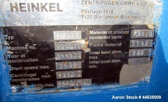 Used Heinkel HF-600 Inverting Filter Centrifuge. Hastelloy C-4